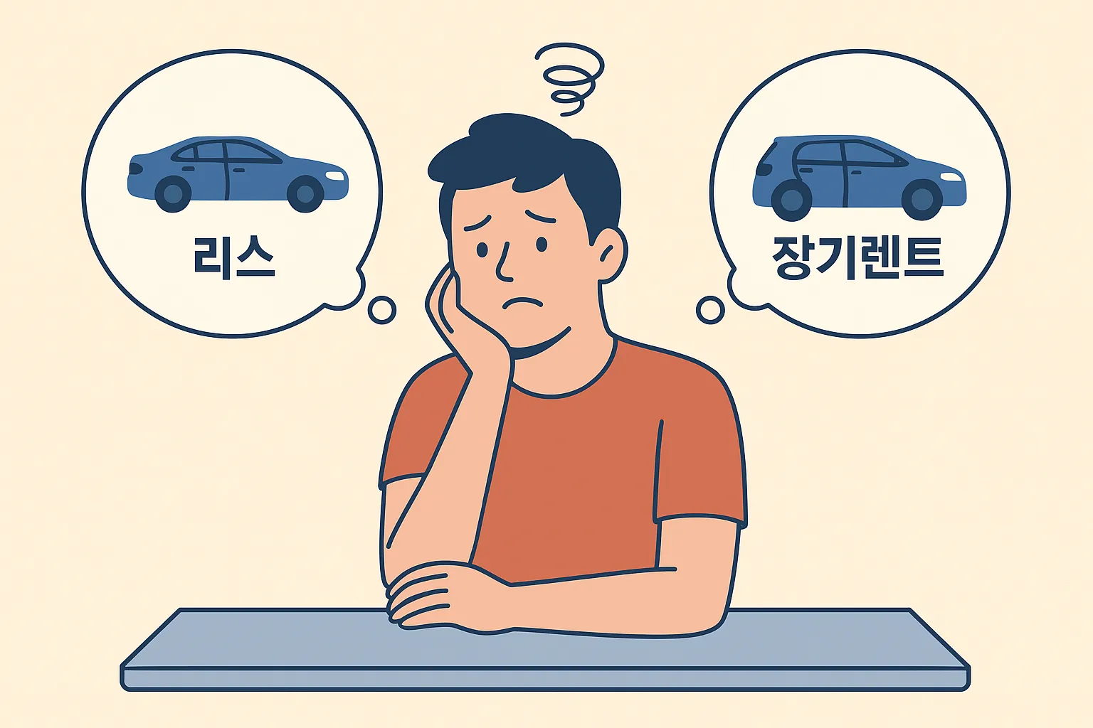 자동차 리스와 장기렌트를 고민하는 남성 일러스트