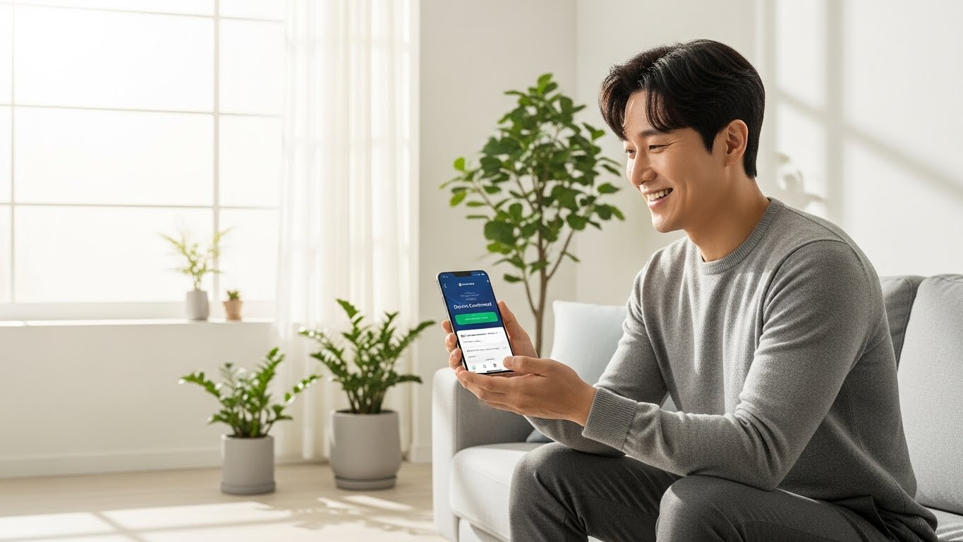 스마트폰으로 정부 지원금 입금 확인을 하고 기뻐하는 30대 남성의 실사 모습