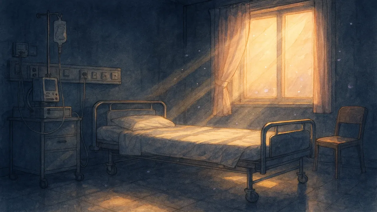 어두운 병실에 따뜻한 햇살이 스며드는 모습으로 희망의 치유 에너지를 상징적으로 표현한 감동적인 장면