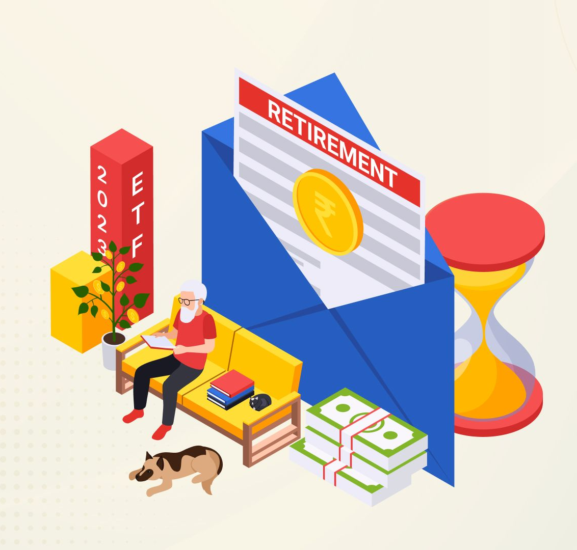 은퇴 준비용 ETF 포트폴리오를 상징하는 일러스트 – 안정적 현금 흐름과 노후 자산 배분 이미지