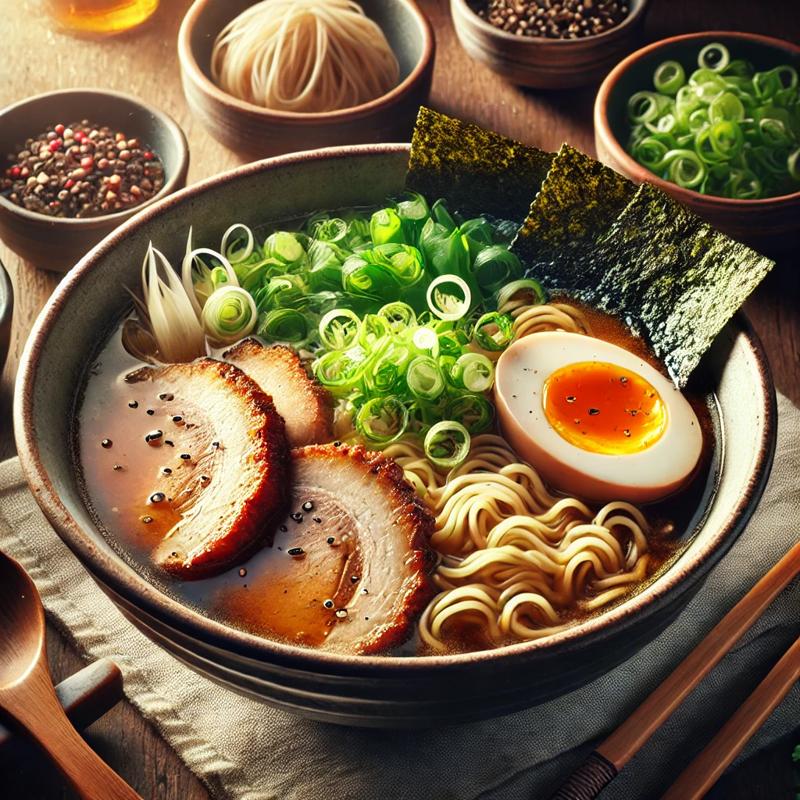 A realistic depiction of a steaming bowl of Japanese ramen, 일본 라멘