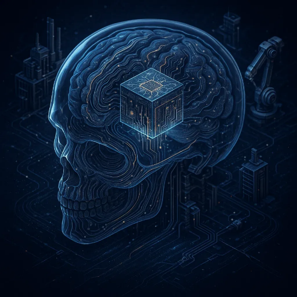 디지털 회로로 구성된 뇌 모양 AI 칩이 중앙에 떠 있는 미래적 사이버 일러스트, 2025년 AI 투자 유망 테마 설명용 이미지