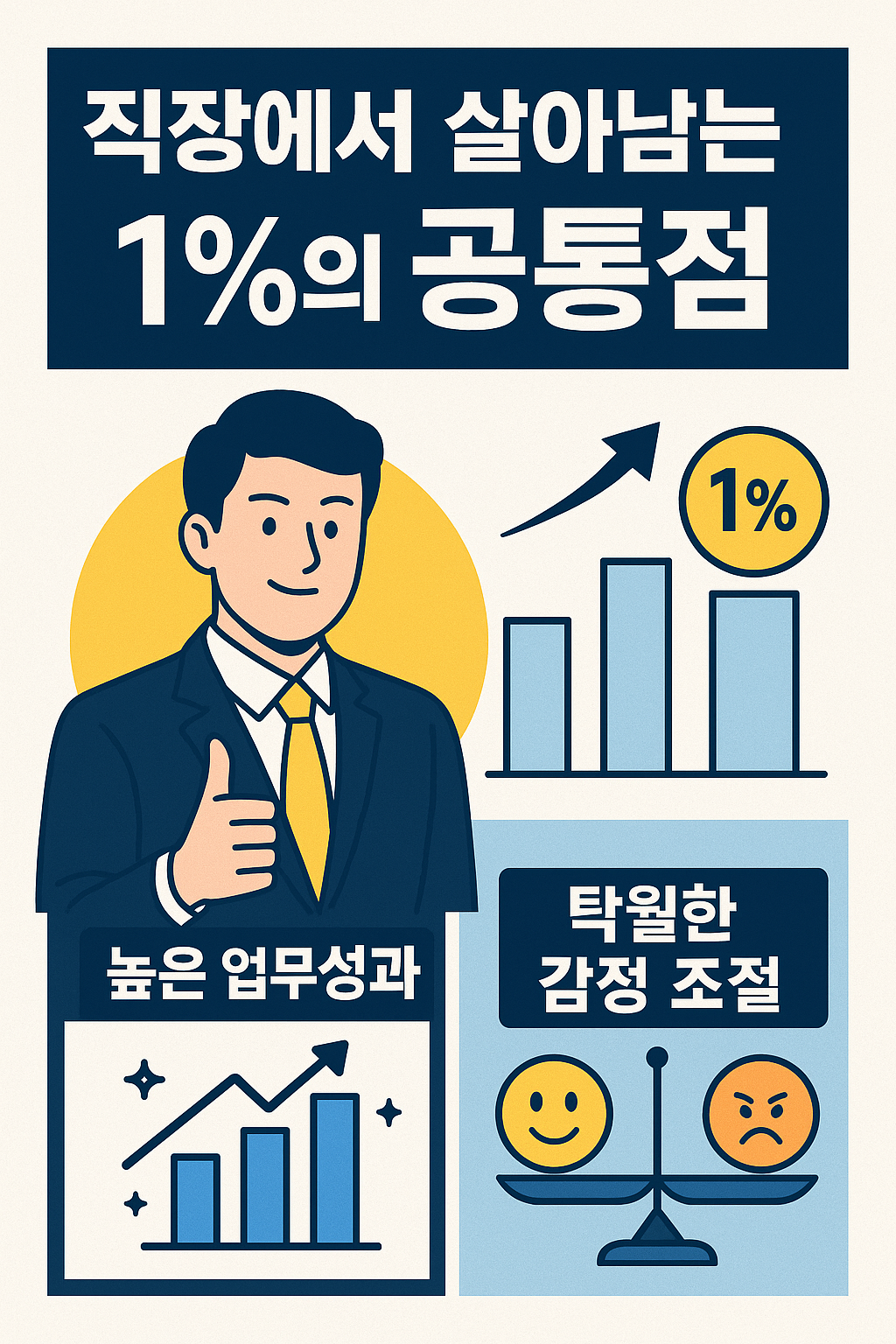 직장에서 살아남는 1%의 공통점과 관련된 업무성과 및 감정조절 능력을 시각화한 인포그래픽 이미지"