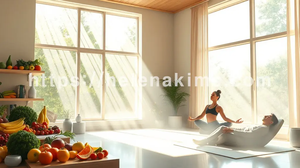 햇살이 환하게 비치는 깔끔하고 모던한 실내 공간. 활짝 열린 창문에서 신선하고 맑은 바람이 부드럽게 들어오고, 신선한 공기가 공간을 채우는 듯한 촉촉한 느낌이 감돈다. 한쪽에는 다채로운 신선한 과일과 채소가 놓여 있고, 다른 쪽에는 요가 자세를 취하는 사람과 깊이 잠든 사람의 평화로운 실루엣이 조화롭게 배치되어 건강하고 쾌적한 일상을 표현한다.