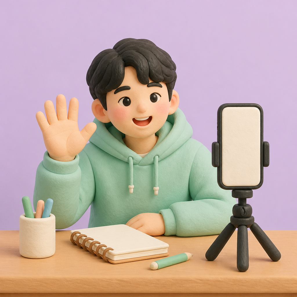 책상 위 삼각대에 휴대폰을 세워 두고 손을 흔드는 청년