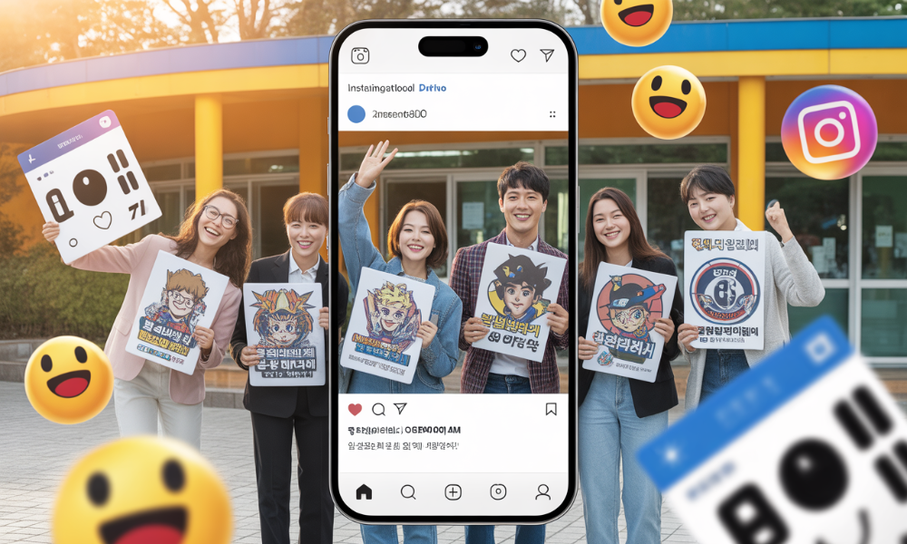 MZ세대가 투표 인증 용지를 들고 SNS에 투표를 독려하는 모습, 다양한 캐릭터와 팬덤 문화가 결합된 창의적인 투표 인증샷 트렌드를 보여줌