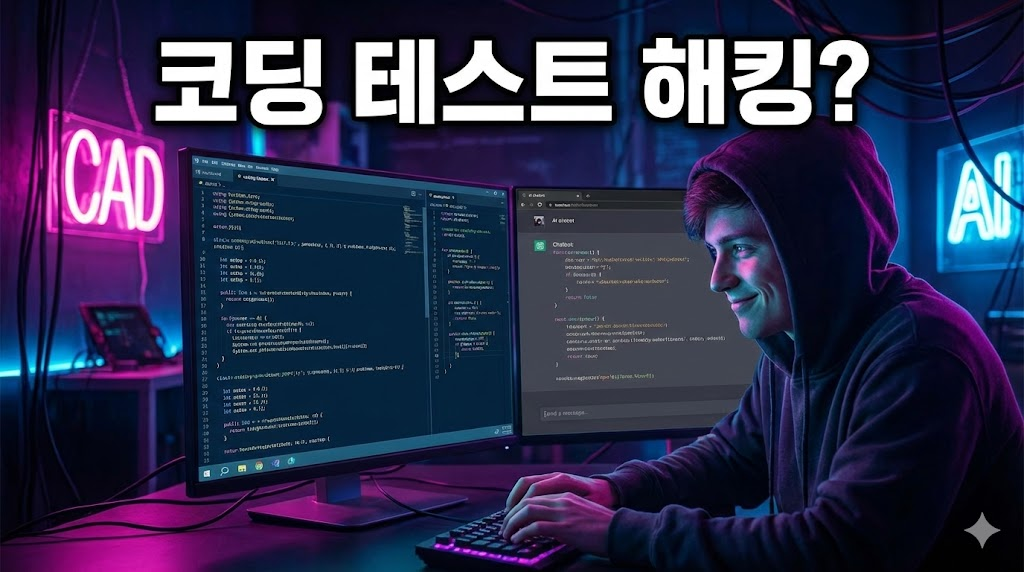 AI를 이용해 코딩 테스트 부정행위를 하는 모습과 정답을 생성하는 AI 화면