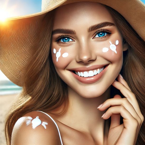 여성, 선크림, 자외선 차단, 여름, 해변, 피부 보호, 햇빛