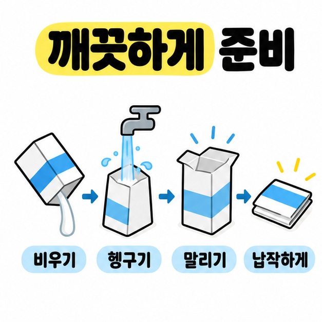 우유팩을 비우고 물로 헹군 뒤 펼쳐 말리고 납작하게 만드는 네 단계를 화살표로 연결한 그림