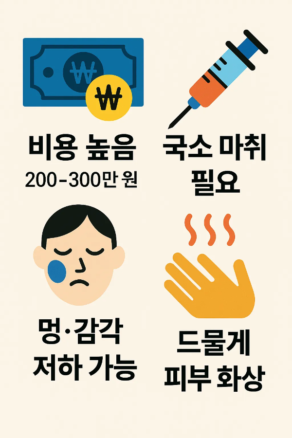 하지정맥류 레이저시술의 높은 비용, 국소마취 필요, 멍과 감각 저하, 드물게 피부 화상 같은 부작용 위험을 안내하는 인포그래픽입니다.
