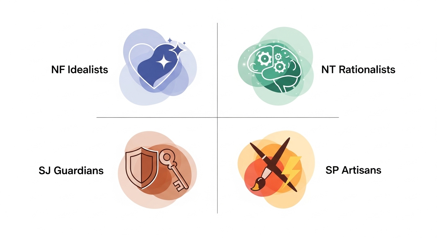 MBTI 네 가지 기질 그룹(NF, NT, SJ, SP)의 특징을 나타내는 인포그래픽 아이콘