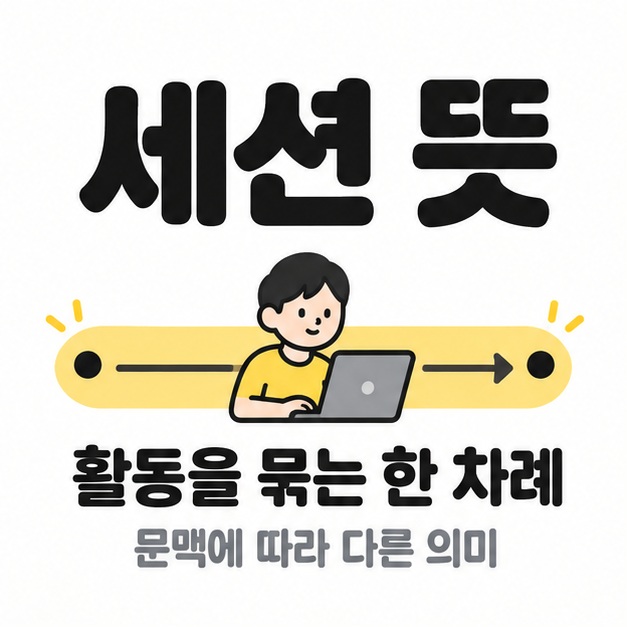세션 뜻 제목 아래 노트북을 사용하는 사람과 시작에서 끝으로 이어지는 띠로 활동을 묶는 한 차례라는 의미를 표현한 그림