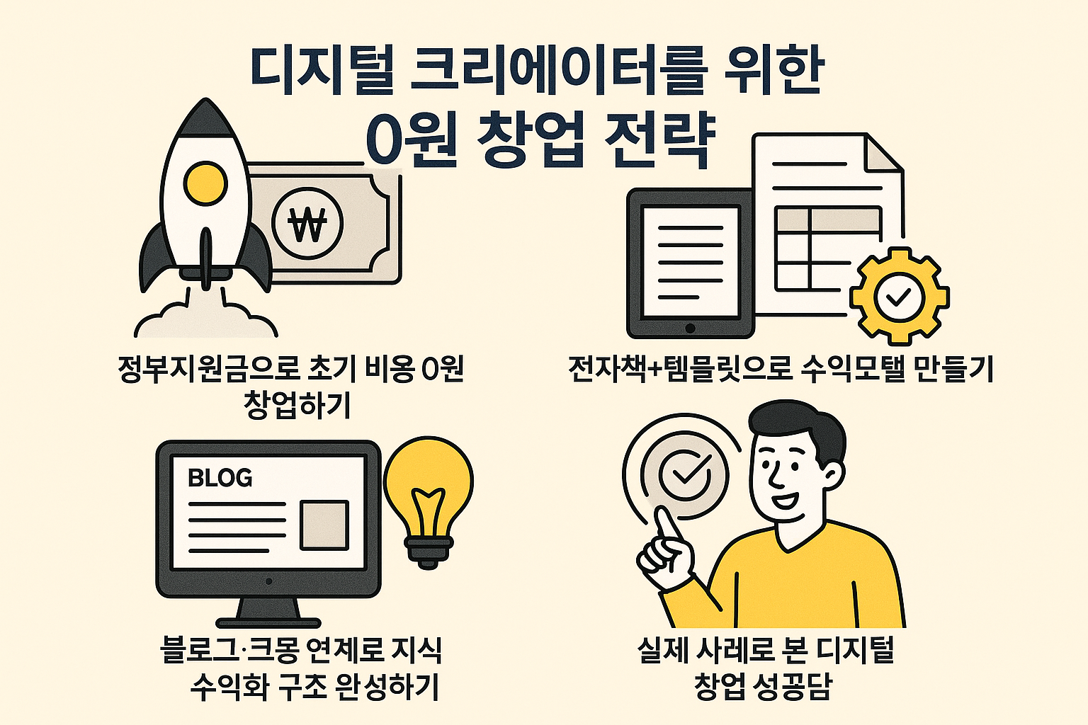 디지털 크리에이터를 위한 0원 창업 전략 – 정부지원금 + 전자책 + 노션템플릿 + 블로그/크몽 수익구조