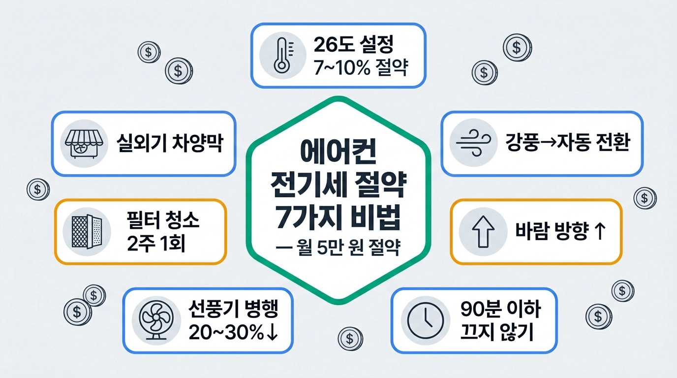 2026 에어컨 전기세 절약 7가지 방법 인포그래픽 허브형 총정리