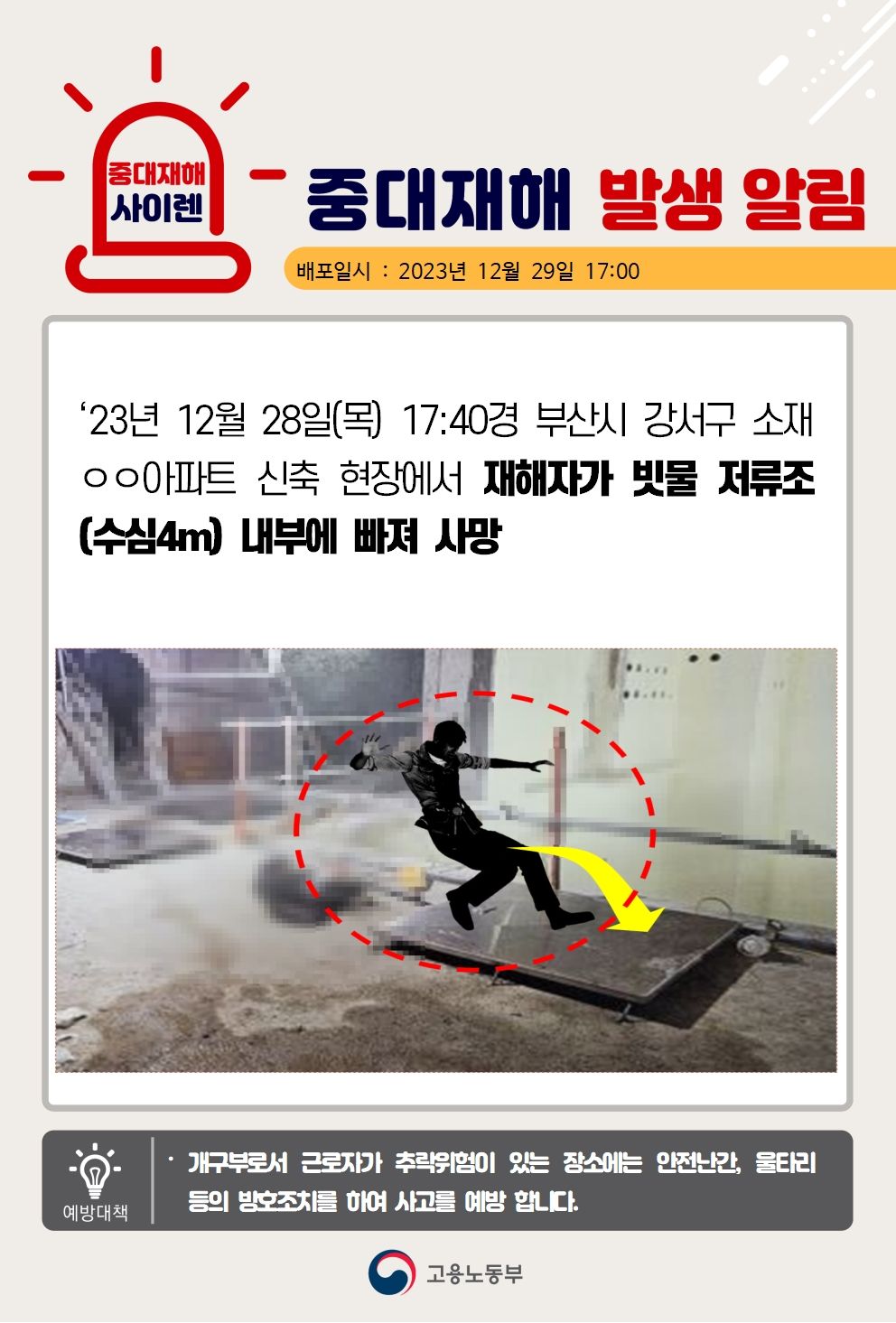 재해자가 빗물 저류조 내부에 빠져 사망(수심4m)