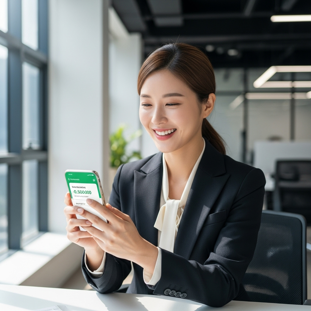 상반기 근로장려금 신청 대상과 소득, 재산 기준-근로장려금 입금 확인하며 기뻐하는 여 사무원