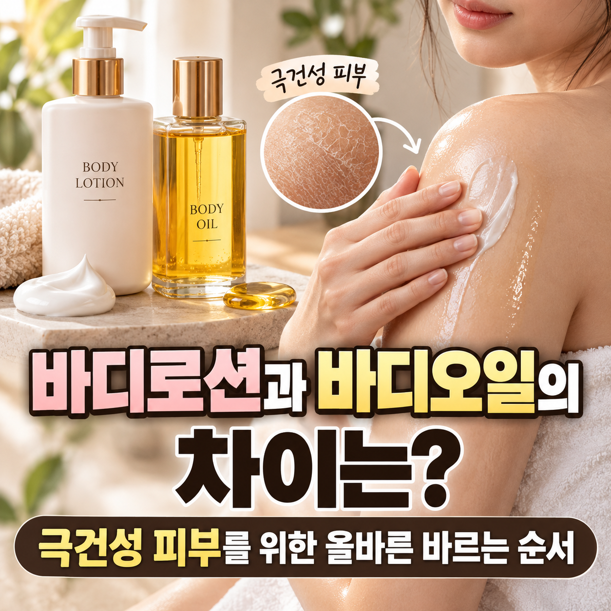 바디로션과-황금빛-바디오일-병-옆에서-여성이-어깨에-보습제를-바르는-모습
