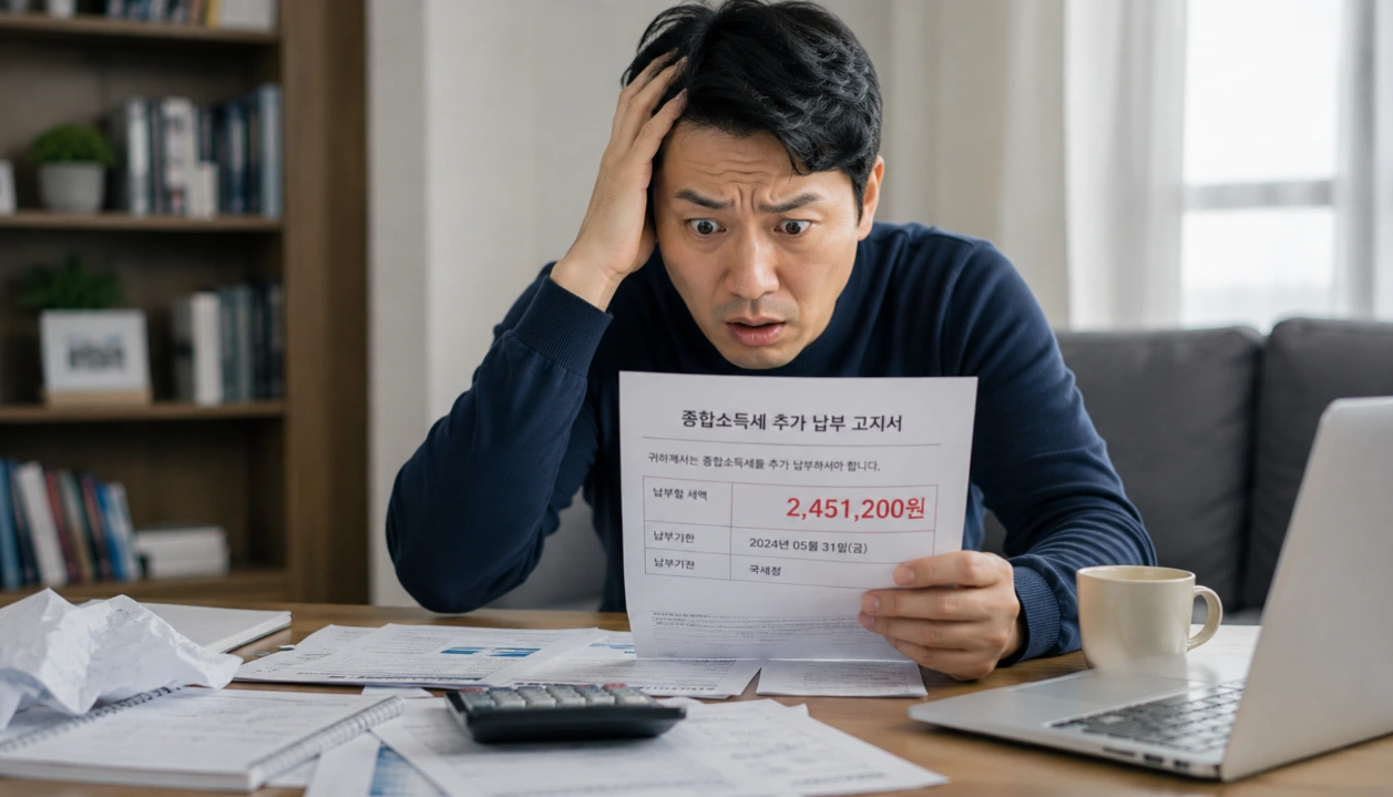 종합소득세 추가 납부 고지서를 보고 충격받은 사람의 모습