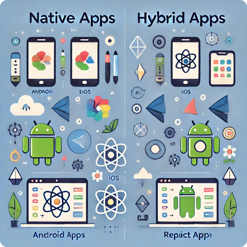 네이티브 앱과 하이브리드 앱의 차이점을 설명하는 이미지