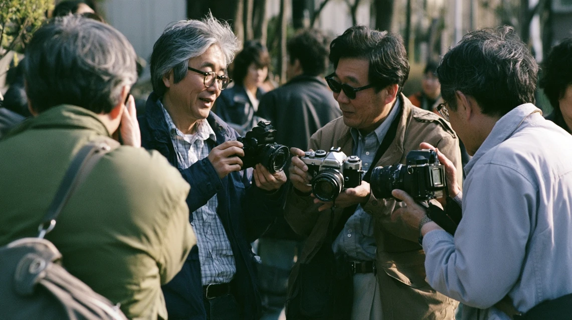 현상된 필름 사진을 보며 만족하는 사람