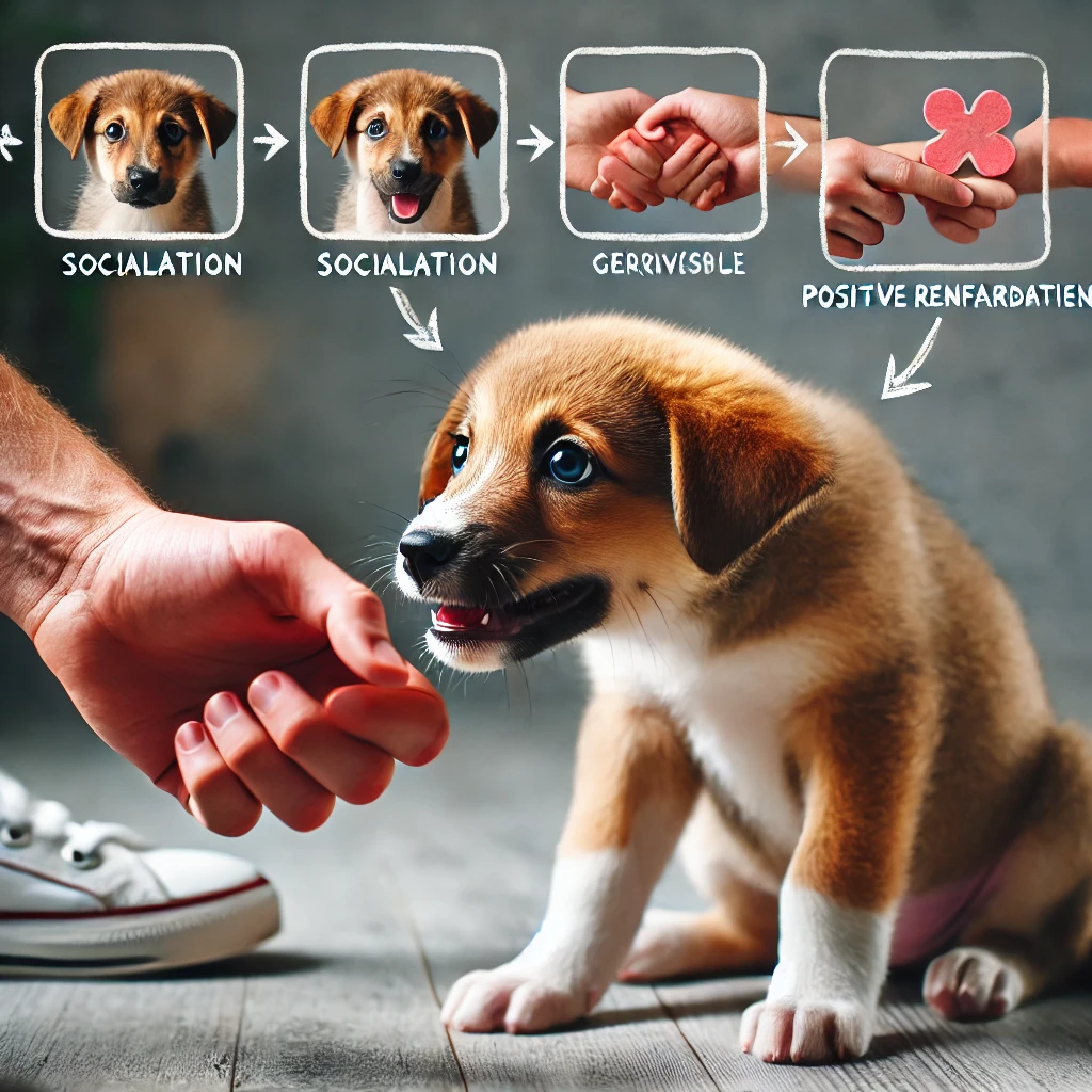 사회화 부족으로 겁이 많거나 공격적인 강아지가 훈련을 받는 모습