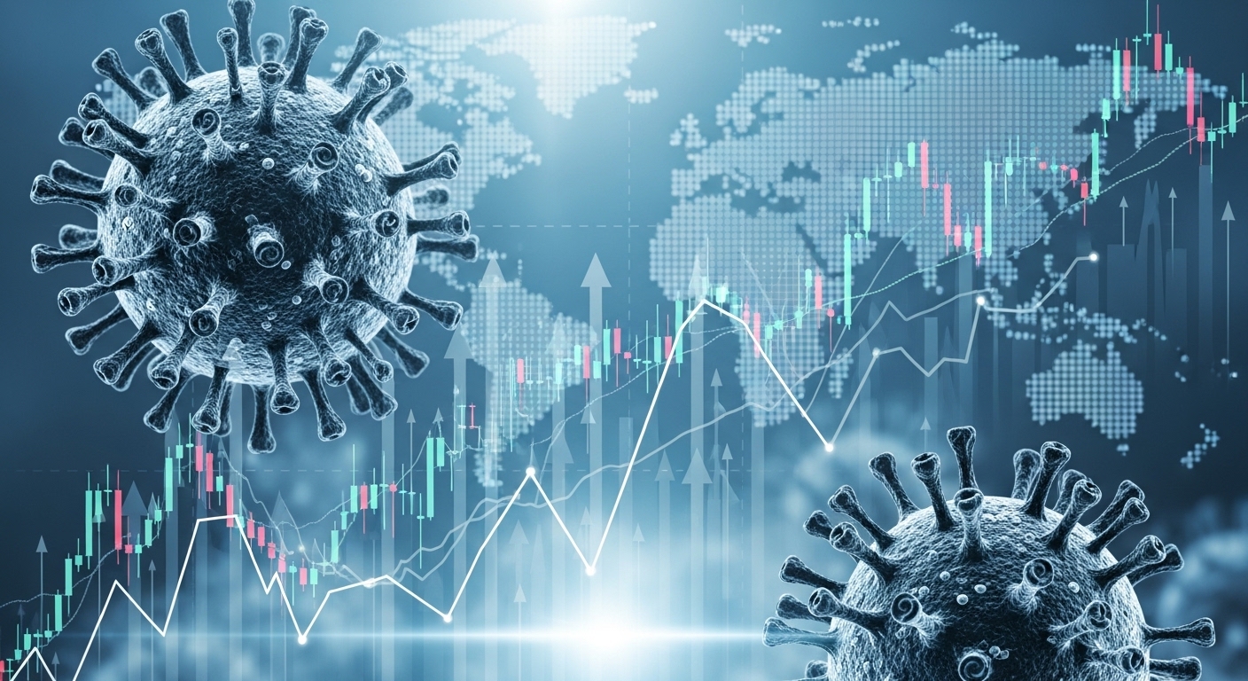 니파바이러스 이미지와 주식 차트가 중첩되어 팬데믹 우려와 투자 시장의 연관성을 보여주는 시각 자료. 푸른색과 회색 톤으로 과학적이고 진지한 분위기를 연출하며, 전 세계적인 위협과 주가 변동성을 암시.