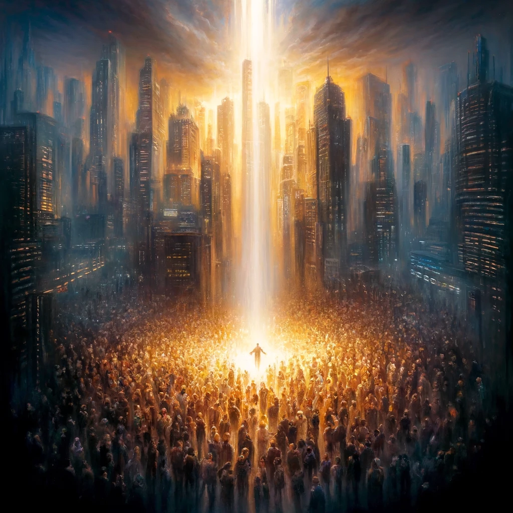 Here is the image depicting the concept of grace abounding amidst sin, set against a modern cityscape. The scene shows diverse individuals bathed in a radiant light, symbolizing God's grace overwhelming the surrounding darkness.
