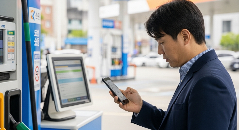 주유소 입구에서 스마트폰 들여다보는 남성