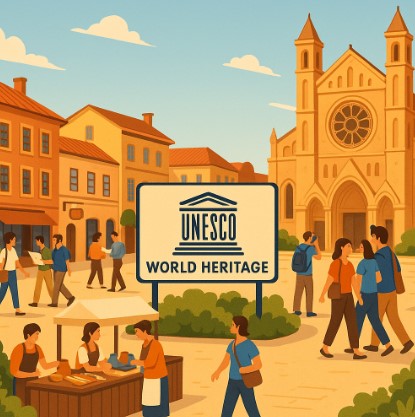 세계유산 사찰 근처에서 현지 상인이 전통 공예품을 판매하고 관광객이 둘러보는 활기찬 지역시장 풍경