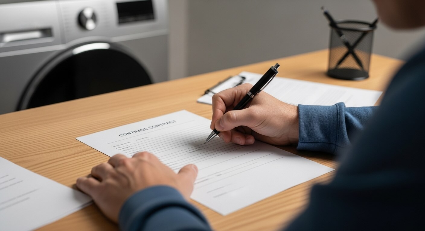 세탁기를 배경으로 계약서에 서명하는 사람의 손