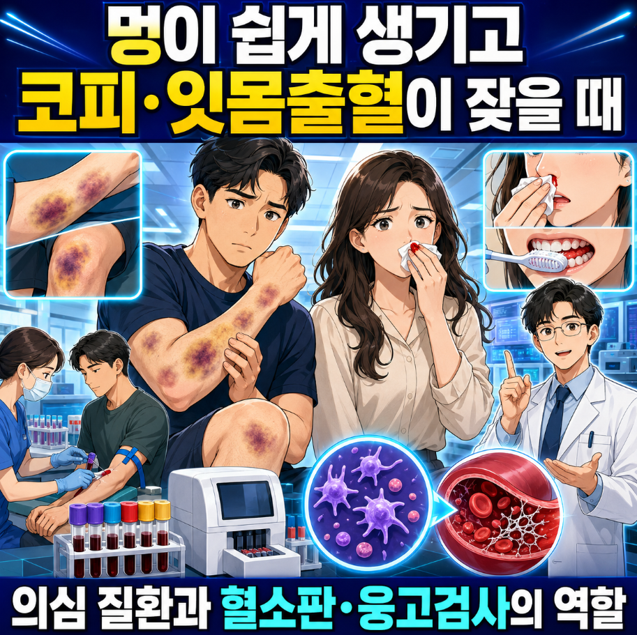 멍이 쉽게 생기고 코피·잇몸출혈이 잦은 성인과 채혈·혈소판·응고검사 장면을 함께 보여주는 메디컬 인포그래픽