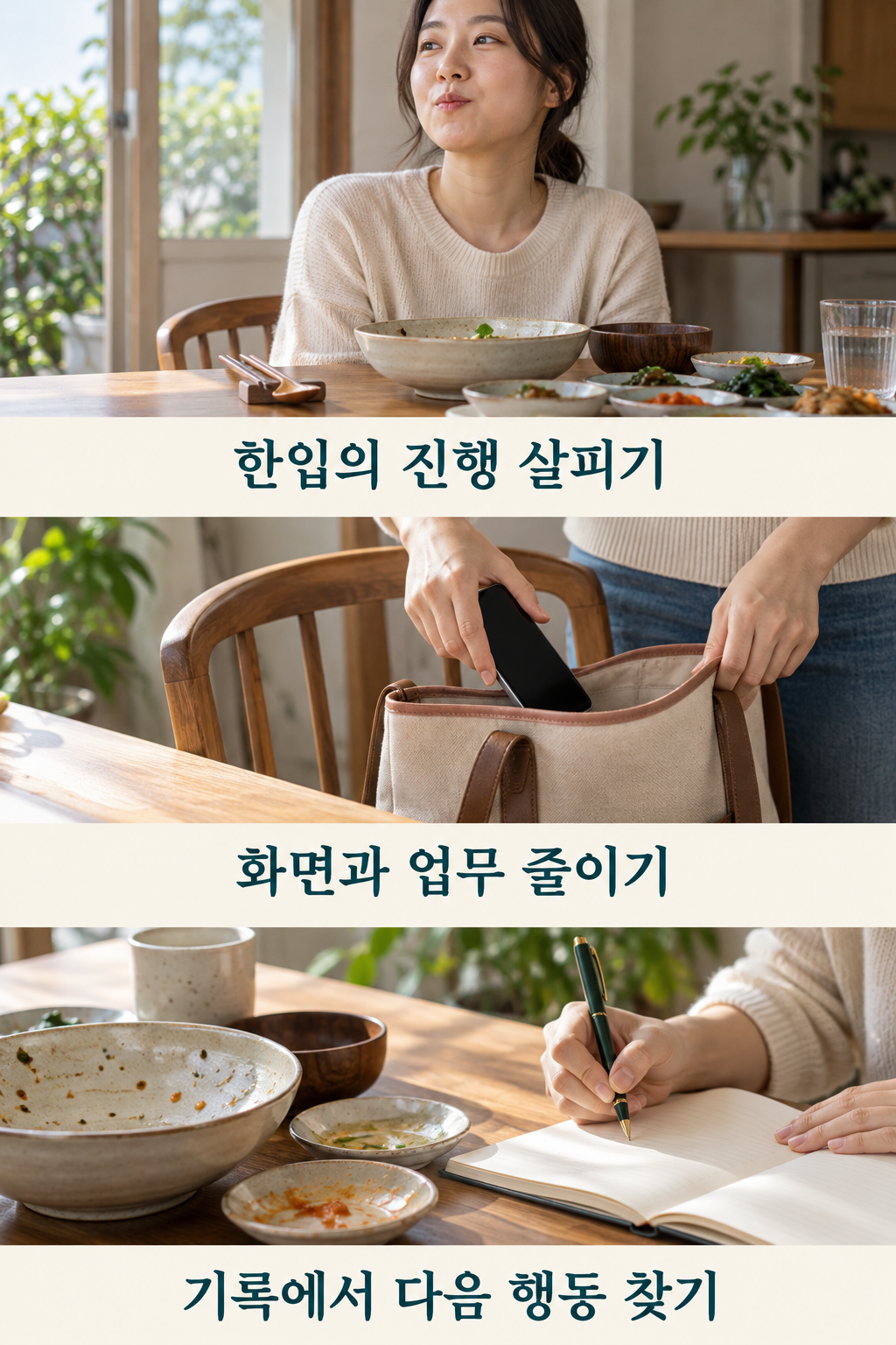 내려놓은 수저와 치운 휴대전화, 짧은 식사 기록을 함께 정리한 식탁
