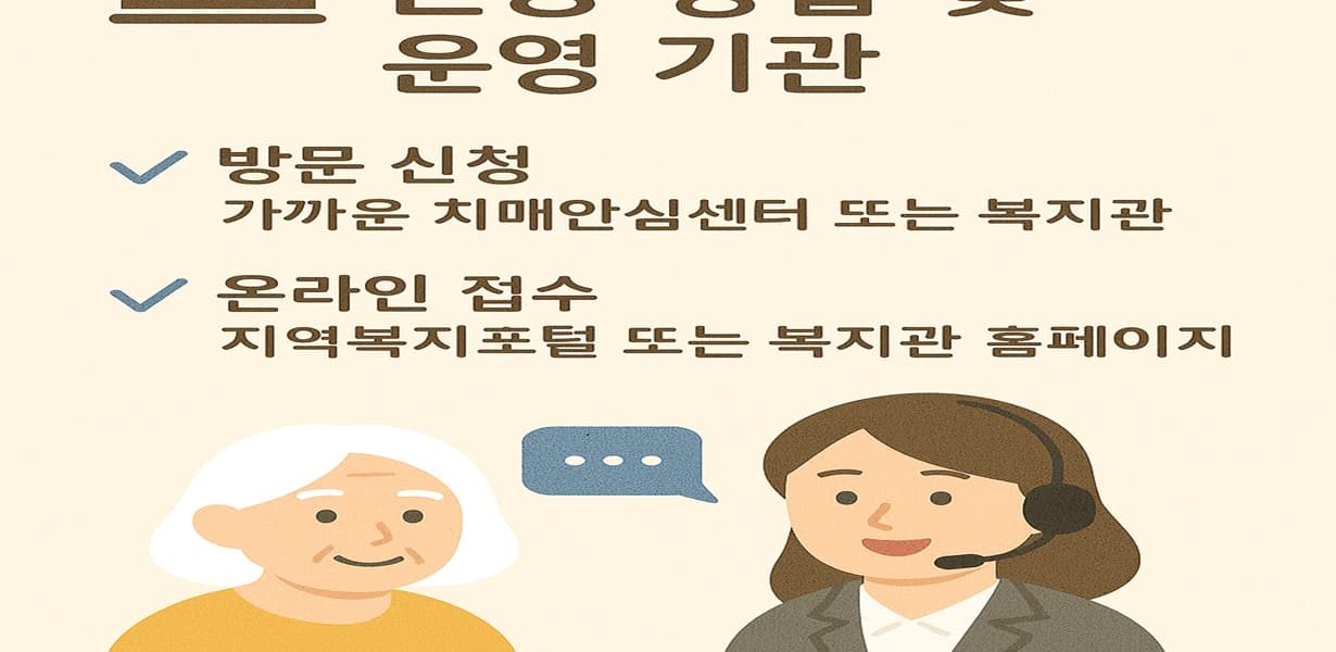 2025년 노인 치매 예방 프로그램의 신청 방법과 운영 기관을 안내하는 인포그래픽. 방문 신청과 온라인 접수 방법이 명확히 표시됨