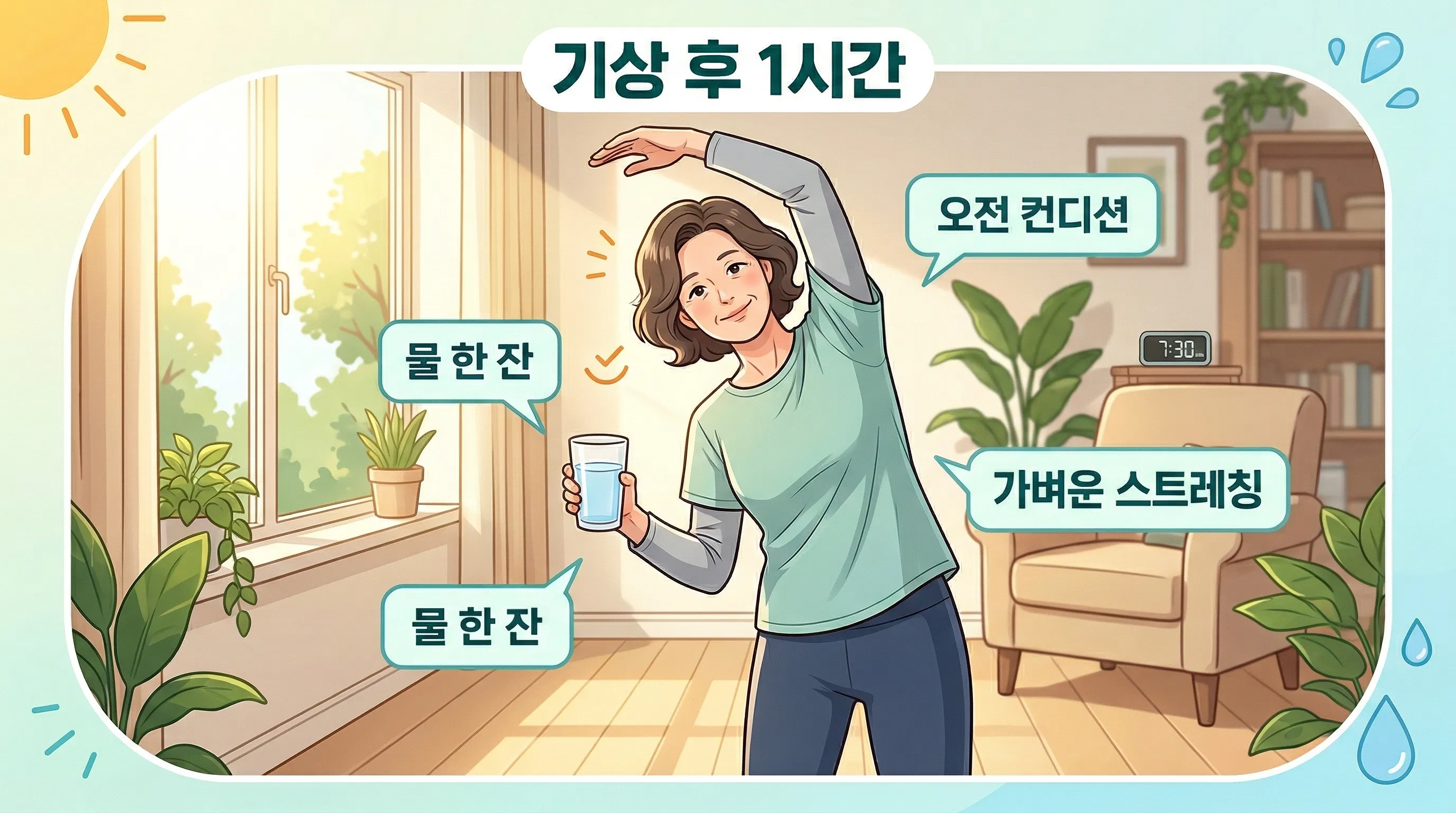 아침 햇빛과 물컵 스트레칭 루틴