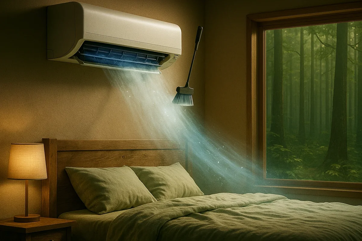 에어컨 내부 청소를 표현한 창의적 일러스트