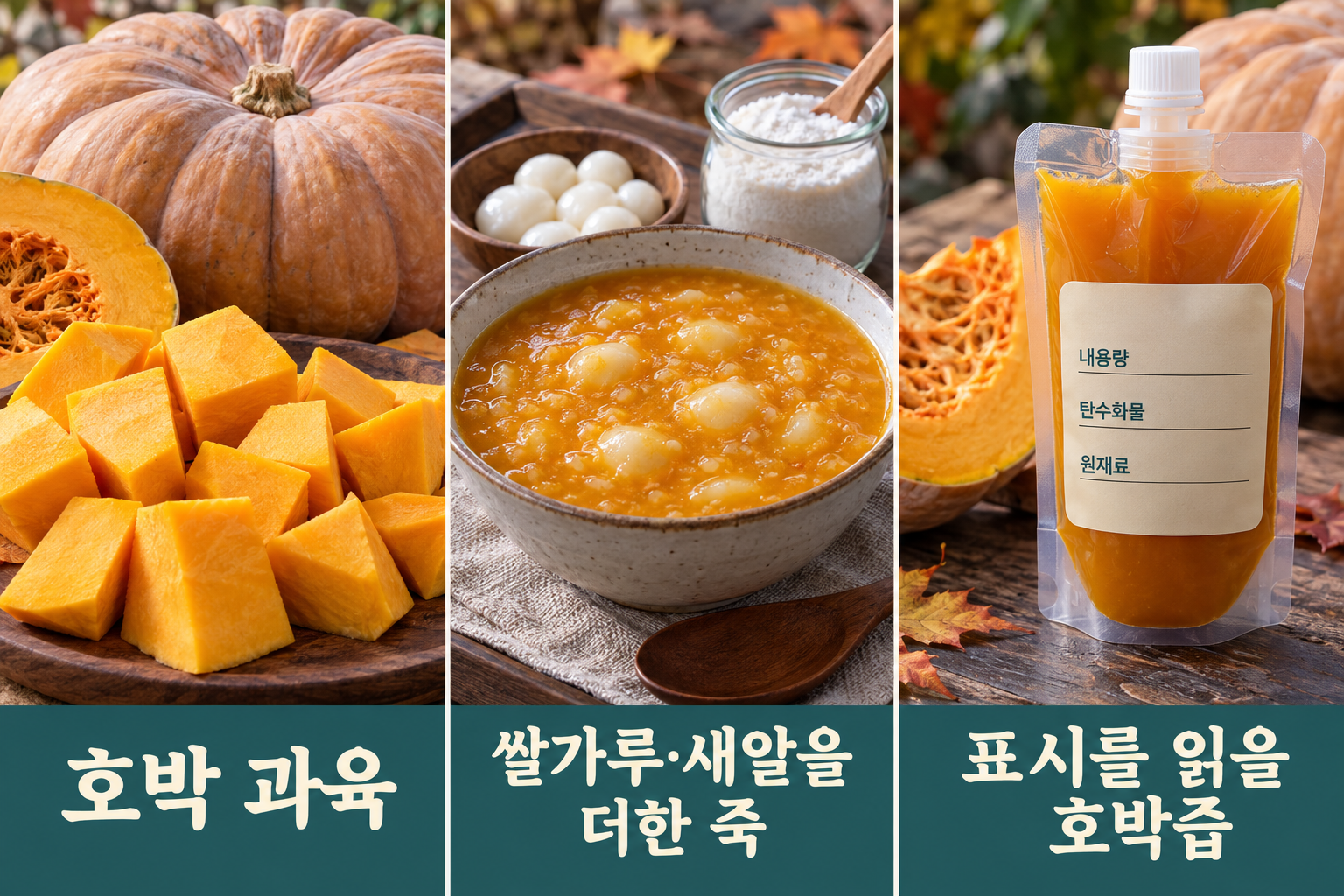 늙은호박 과육·쌀가루와 새알을 더한 죽·표시를 읽는 즙의 세 형태.