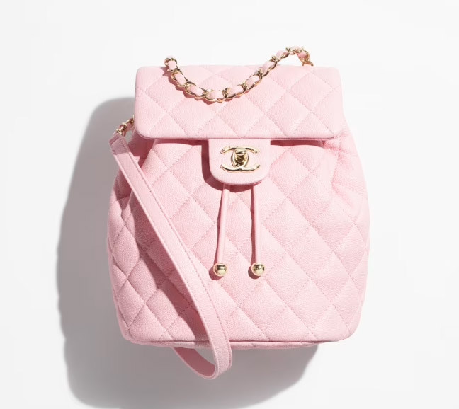 샤넬-백팩-유광-그레인드-카프스킨,-골드-메탈-라이트-핑크