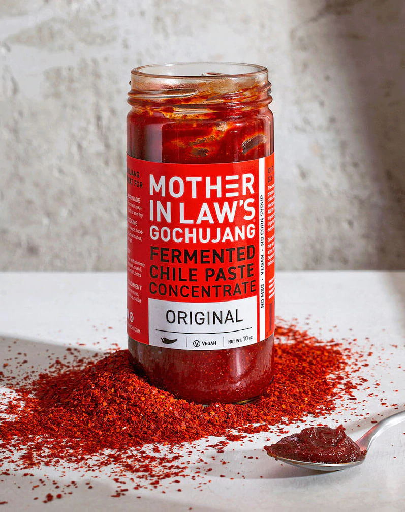 Mother-in-Law's Gochujang Fermented Chile Paste (10oz), vegan gochujang in a glass jar with chili powder, labeled vegan and all-natural