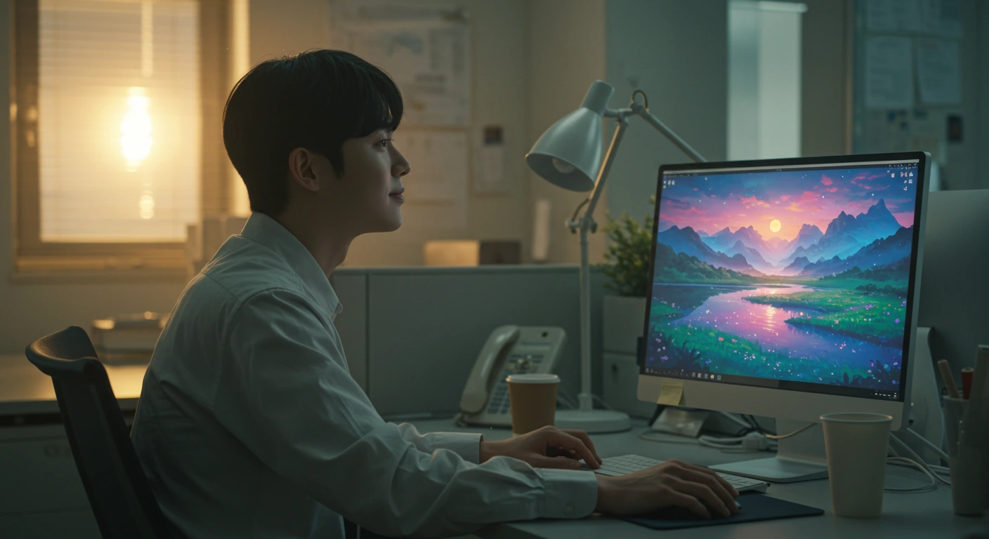 번아웃을 겪던 직장인이 점심시간에 컴퓨터 앞에서 AI 그림 그리기로 힐링하는 모습.