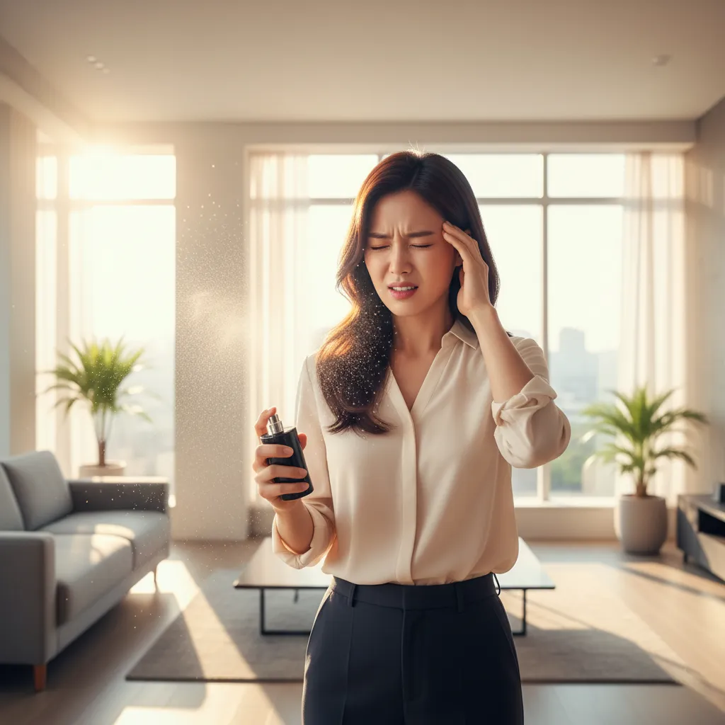 출근 준비 중 거실에서 향수를 뿌렸다가 갑작스러운 두통으로 얼굴을 찡그리는 젊은 한국인 여성의 클로즈업 사진. 밝은 아침 햇살과 향수 미스트가 고통스러운 표정과 대비되는 순간을 보여주는 이미지