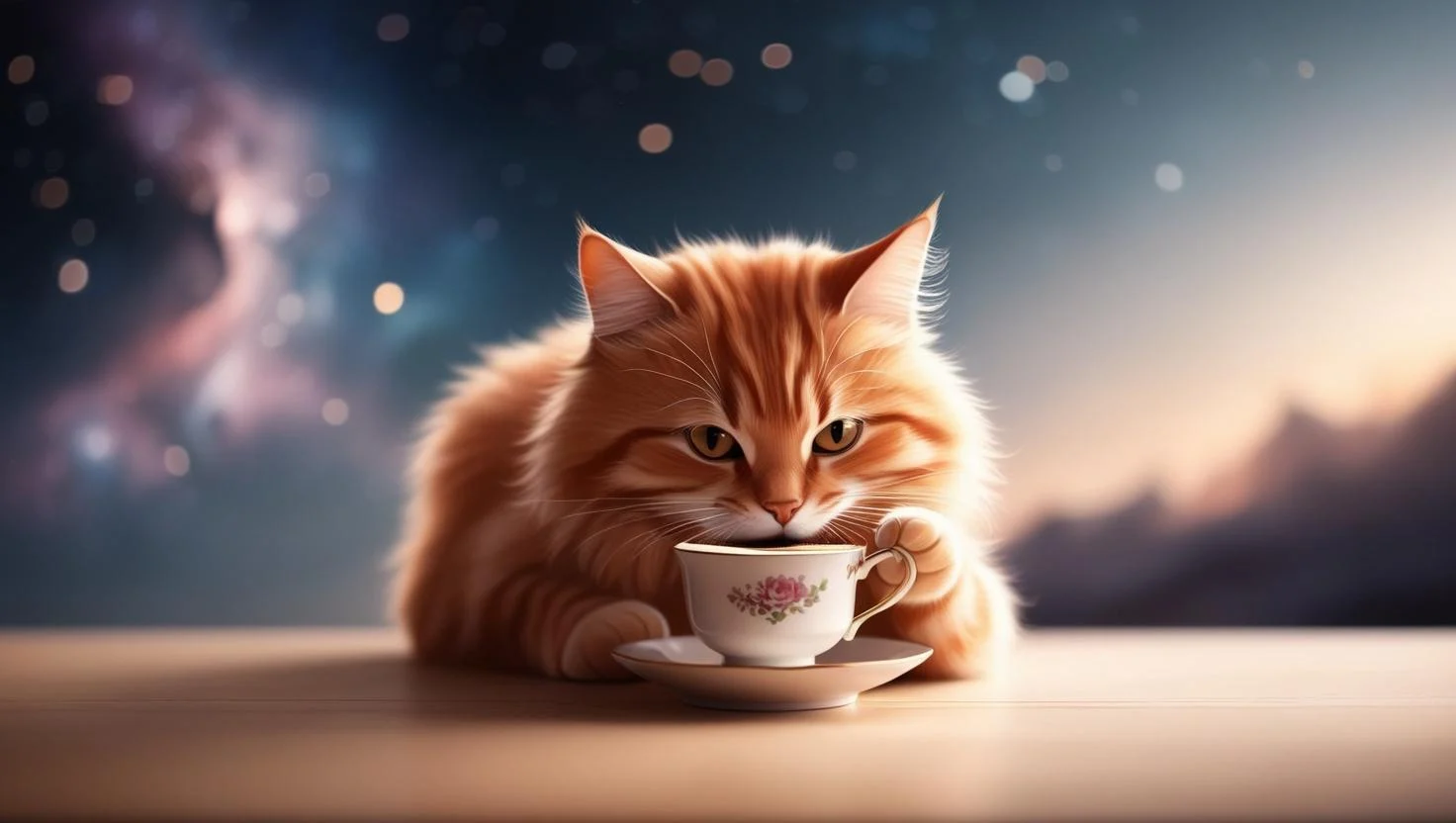 생성형 AI가 생성한 그림 "우주를 배경으로 고양이가 커피를 마시는 그림"