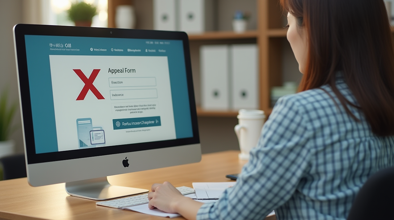 이의신청 화면을 띄운 컴퓨터 모니터 앞에서 재심 요청서를 작성 중인 40대 한국 여성