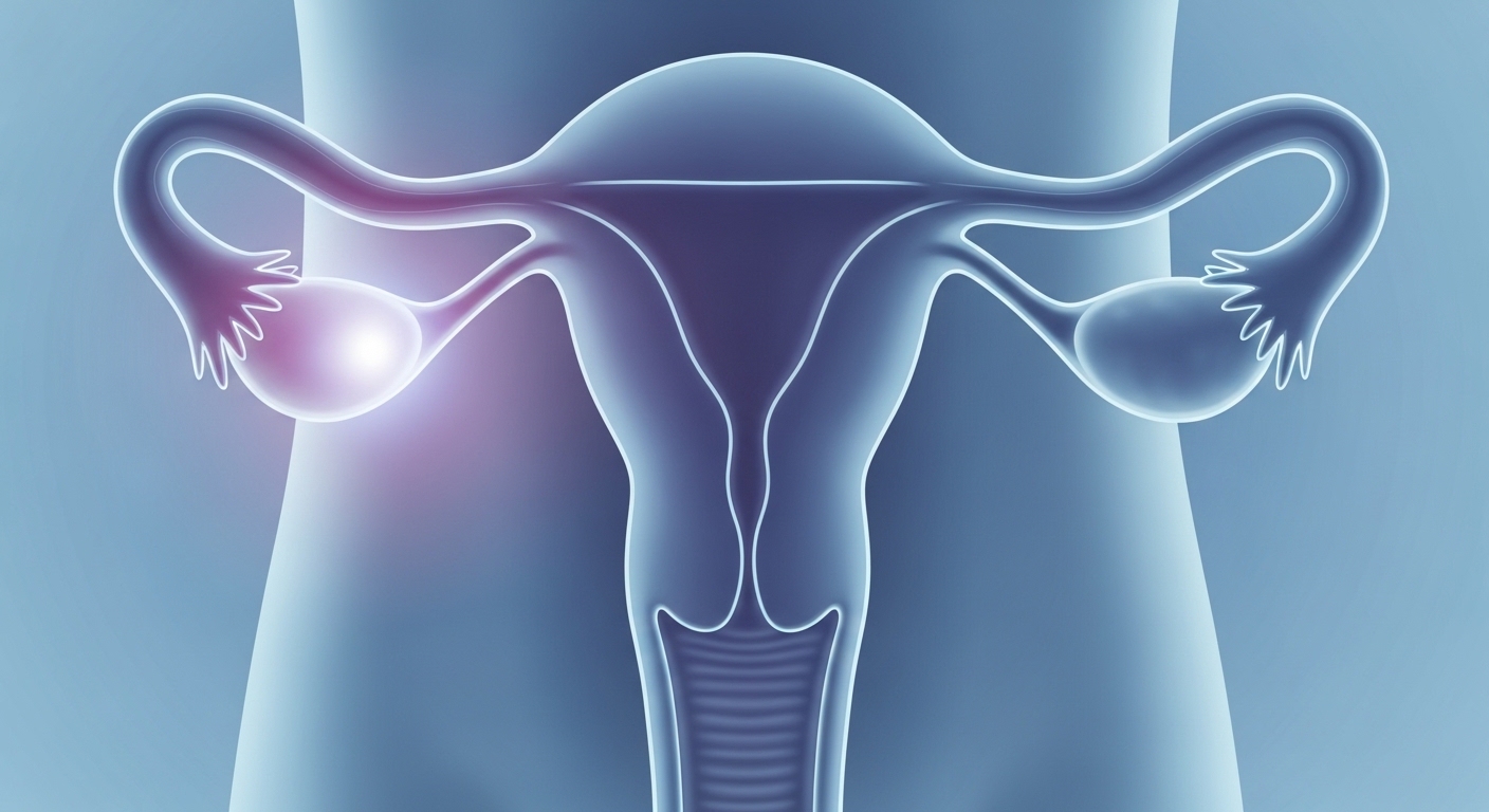 여성 생식기(자궁, 난소, 나팔관)를 보여주며 왼쪽 난소와 나팔관 부위에 통증 가능성을 나타내는 의료 일러스트.