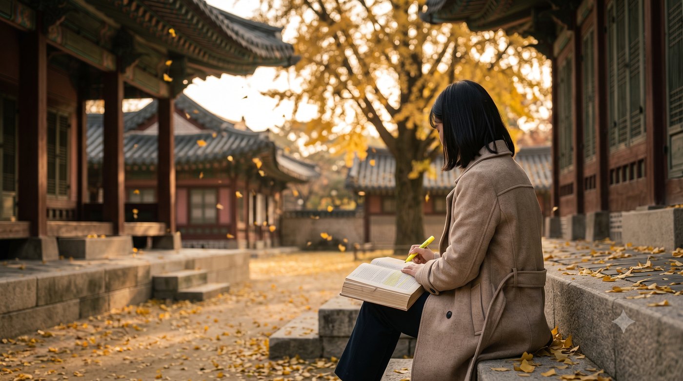가을 고궁 마당 돌계단에 앉아 한국사 교재를 읽는 수험생