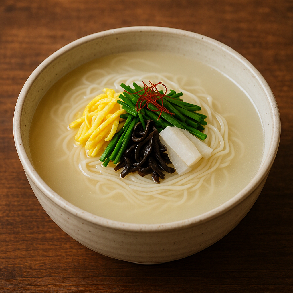 뽀얀 깻물 닭 육수에 담긴 따뜻한 국수, 고명으로는 노란 지단, 초록 부추, 검은 석이버섯, 하얀 무 짱아치, 붉은 실고추가 정갈하게 얹혀 있음. 전통 한식 도자기 그릇, 나무 배경, 고화질 음식 사진 스타일