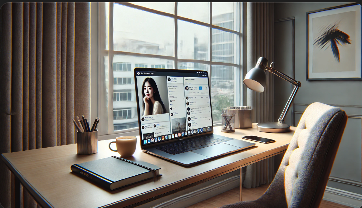 홈 오피스에서 노트북을 사용하여 소셜 미디어를 확인하는 젊은 한국인 여성