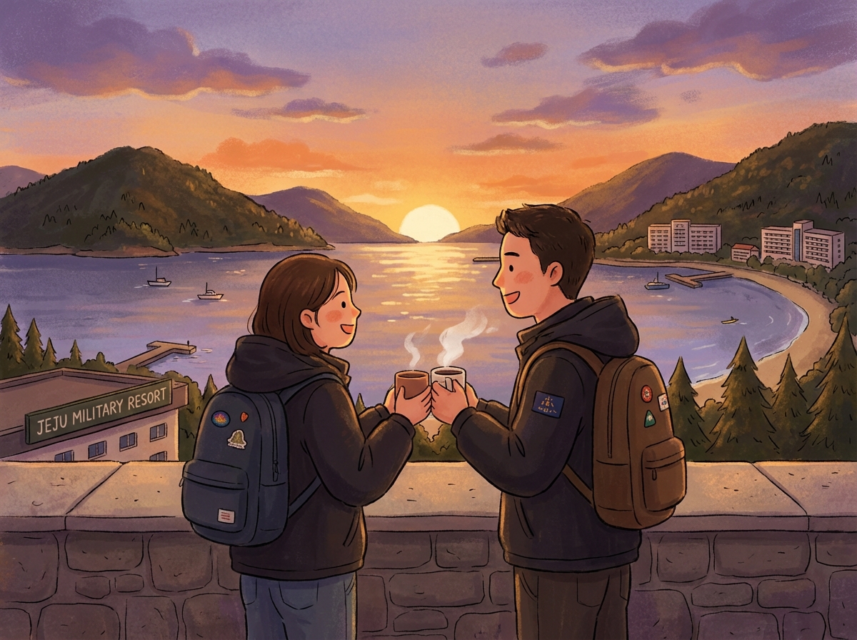 A happy military employee couple enjoying a stunning scenic view from a balcony at a military resort, symbolizing successful employment and welfare benefits.