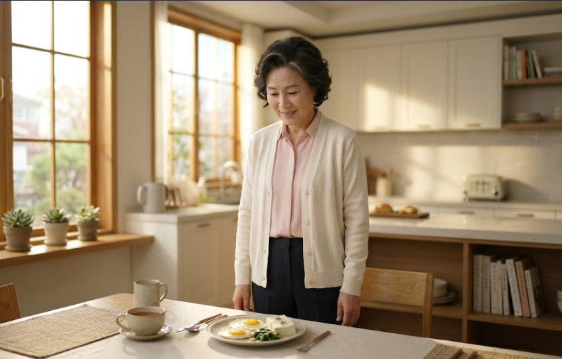 근감소증에 좋은 아침식단으로 식사하는 시니어
