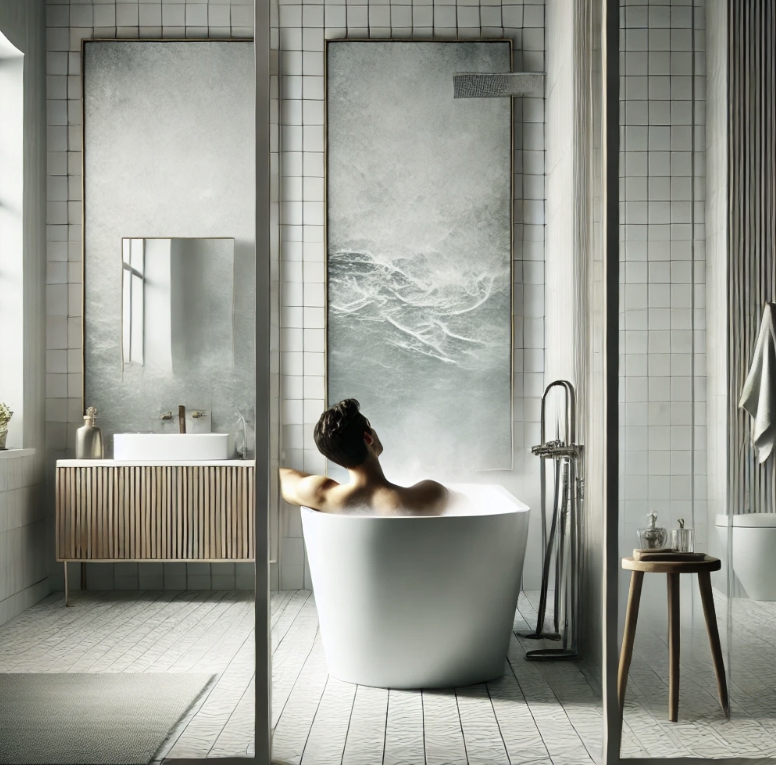 욕실에서 냉수로 목욕하고 있는 사진