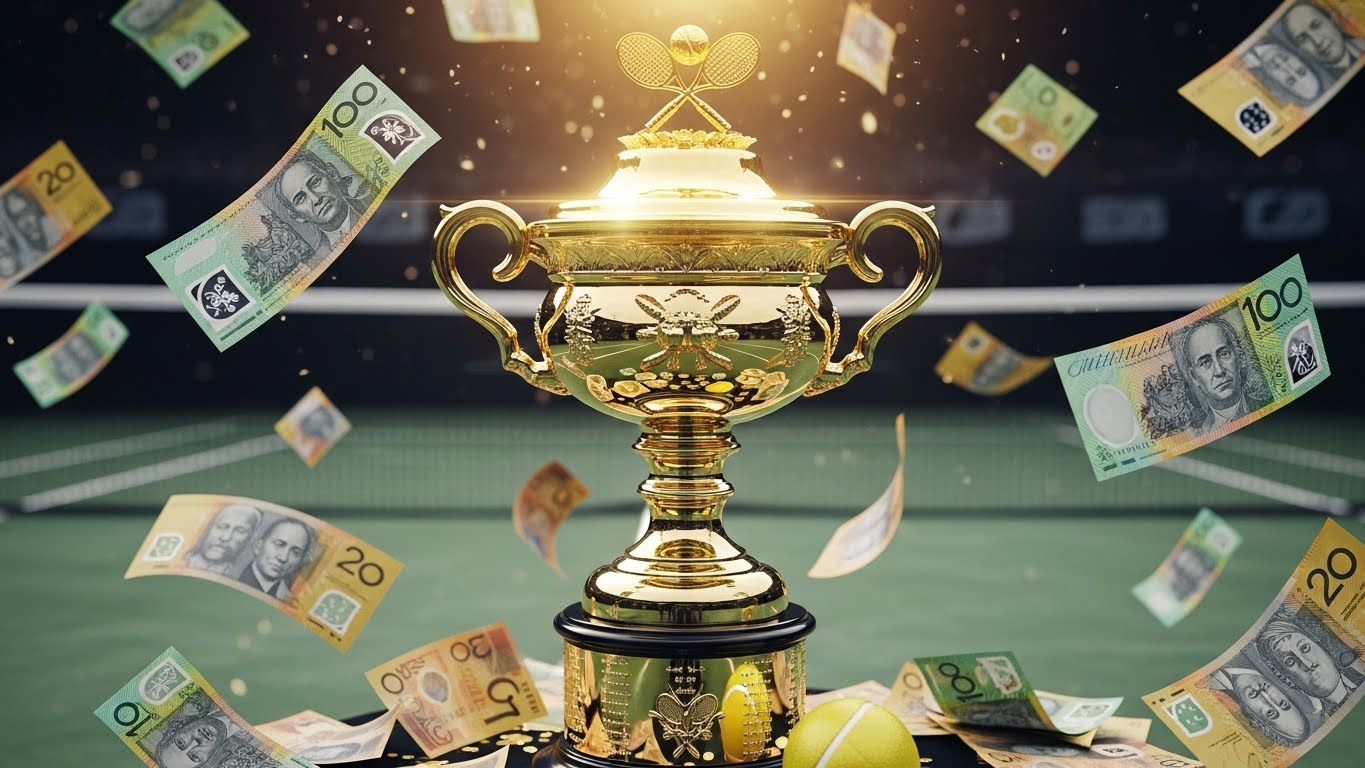 테니스 트로피와 흩날리는 호주 달러 지폐, 2026 호주 오픈의 엄청난 상금을 상징하는 이미지.